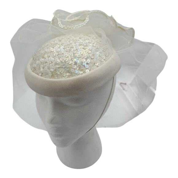 Vintage White Off-white Hat W/ Netting Sequins Classic Pillbox Wedding Chic 60’s main image 4